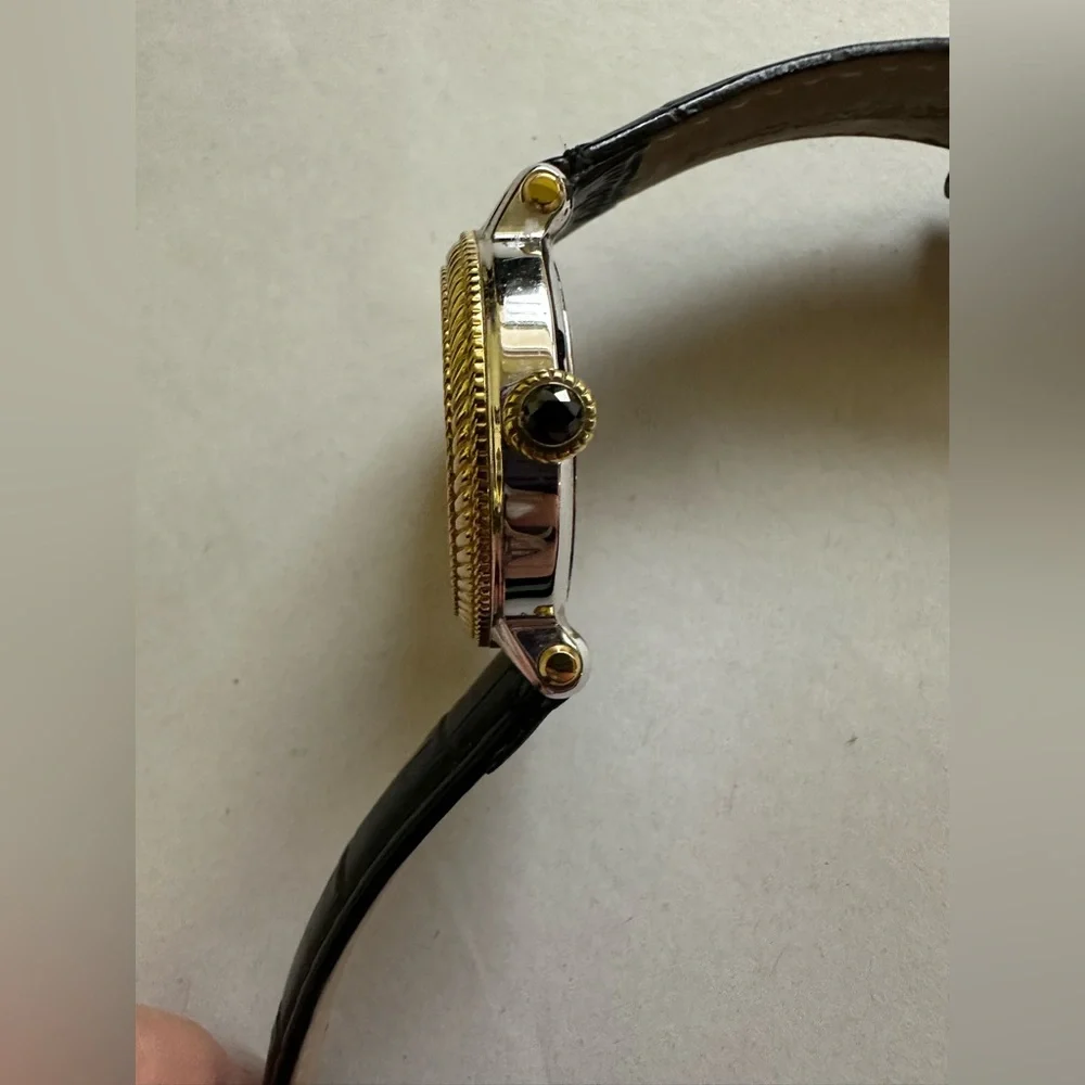Judith Ripka Gold/Black Odyssey Diamonique Stainless Steel Leather Watch